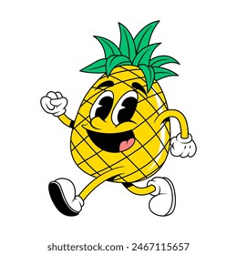 Retro fruit cartoon characters. Vintage comic mascot of pineapple with happy smile face, hands and feet. Pineapple Character.  Retro mascot character