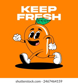 Retro fruit cartoon characters. Vintage comic mascot of mango with happy smile face, hands and feet. Mango Character.  Retro mascot character