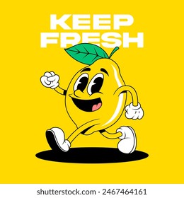 Retro fruit cartoon characters. Vintage comic mascot of lemon with happy smile face, hands and feet. Lemon Character.  Retro mascot character