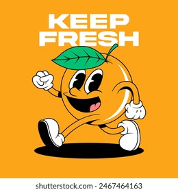 Retro fruit cartoon characters. Vintage comic mascot of orange with happy smile face, hands and feet. Orange Character.  Retro mascot character