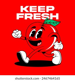 Retro fruit cartoon characters. Vintage comic mascot of apple with happy smile face, hands and feet. Apple Character.  Retro mascot character