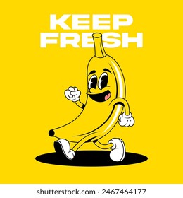 Retro fruit cartoon characters. Vintage comic mascot of banana with happy smile face, hands and feet. Banana Character.  Retro mascot character