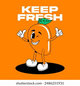 Retro fruit cartoon characters. Vintage comic mascot of mango with winking eye and happy smile face. Mango character vector. Retro mascot character