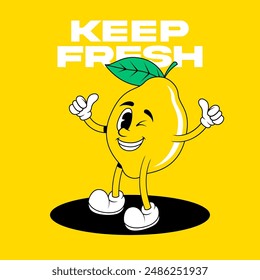 Retro fruit cartoon characters. Vintage comic mascot of lemon with winking eye and happy smile face. Lemon character vector. Retro mascot character