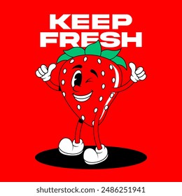 Retro fruit cartoon characters. Vintage comic mascot of strawberry with winking eye and happy smile face. Strawberry character vector. Retro mascot character