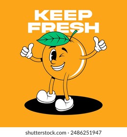 Retro fruit cartoon characters. Vintage comic mascot of orange with winking eye and happy smile face. Orange character vector. Retro mascot character