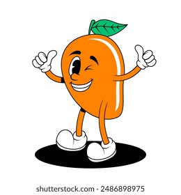 Retro fruit cartoon characters. Vintage comic mascot of mango with winking eye and happy smile face. Mango character vector. Retro mascot character