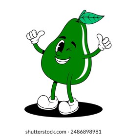 Retro fruit cartoon characters. Vintage comic mascot of avocado with winking eye and happy smile face. Avocado character vector. Retro mascot character