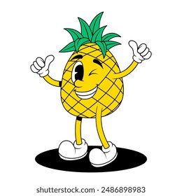 Retro fruit cartoon characters. Vintage comic mascot of pineapple with winking eye and happy smile face. Pineapple character vector. Retro mascot character