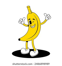 Retro fruit cartoon characters. Vintage comic mascot of banana with winking eye and happy smile face. Banana character vector. Retro mascot character