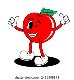 Retro fruit cartoon characters. Vintage comic mascot of apple with winking eye and happy smile face. Apple character vector. Retro mascot character
