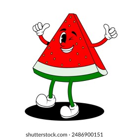 Retro fruit cartoon characters. Vintage comic mascot of watermelon with winking eye and happy smile face. Watermelon character vector. Retro mascot character