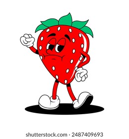 Retro fruit cartoon characters. Vintage comic mascot of strawberry with angry and annoyed face. Strawberry character. Retro mascot character