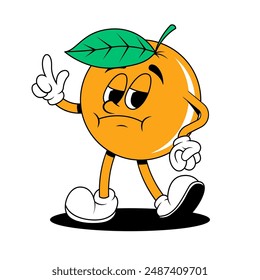 Retro fruit cartoon characters. Vintage comic mascot of orange with angry and annoyed face. Orange character. Retro mascot character