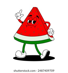 Retro fruit cartoon characters. Vintage comic mascot of watermelon with angry and annoyed face. Watermelon character. Retro mascot character