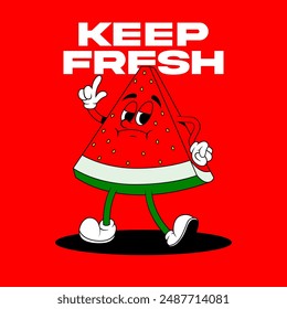 Retro fruit cartoon characters. Vintage comic mascot of watermelon with angry and annoyed face. Watermelon character. Retro mascot character