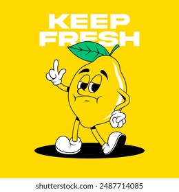 Retro fruit cartoon characters. Vintage comic mascot of lemon with angry and annoyed face. Lemon character. Retro mascot character