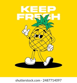 Retro fruit cartoon characters. Vintage comic mascot of pineapple with angry and annoyed face. Pineapple character. Retro mascot character