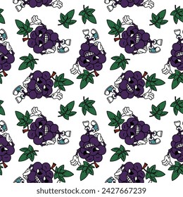 Patrón de surco de uva de fruta retro. Lindo personaje de dibujos animados retro. Patrón sin costuras de verano vintage fresco. Estilo antiguo de moda. Los años 70. Frutas brillantes. Emociones. Para menús, cafés, decoraciones, envases
