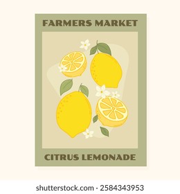 Retro Fruit Market Poster Design with Lemons. Modern groovy wall art print, citrus trendy poster with lemon fruits and leaves. Vector Farmers Market Wall Print.