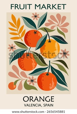 Retro Fruit Market poster in Mid century modern style with Orange fruits from Valencia, Spain. Colorful flat vector art illustration