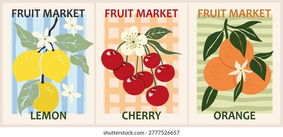 Retro fruit market posters with lemons, cherries and oranges in vintage Mediterranean style. Trendy dolce vita wall art inspired by farmers market aesthetics and modern summer decor.