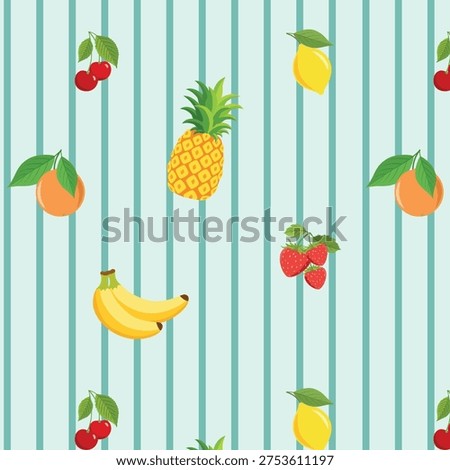 Retro Fruit Medley Seamless Pattern with Minty Stripes and Summer Food Aesthetic
