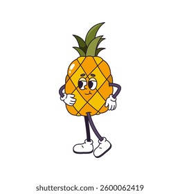 Retro fruit personage posing. Vector isolated pineapple cartoon character with fashionable look and hairstyle. Cute groovy comic mascot with hands and legs, leaves as hair or head accessory