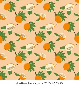 Retro fruit seamless pattern. Granadilla half and whole tropical fruits and leaves endless background. Yellow passion fruit repeat cover. Exotic sweet grenadia loop ornament. Vector illustration