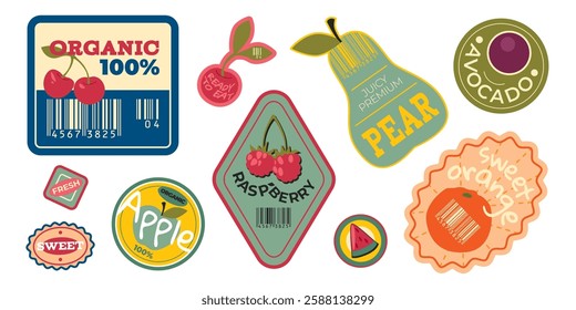 Retro fruit sticker collection - vintage tags in form of cherry and apple, pear and raspberry, watermelon, orange and avocado designs with barcodes and geometric shapes. Organic juicy produce labels