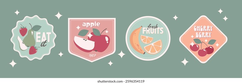 Retro fruit sticker set with apple, cherry, pear illustration - vintage 1980s style flat design badges, patches for healthy fresh produce packaging, organic food label, vegan cafe menu or farm market.