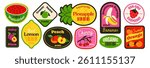 Retro Fruit Sticker Set. Fruit barcode labels for supermarkets and farm shops. Trendy badges with lemon, peach, banana and pineapple. Flat vector illustration collection isolated on background
