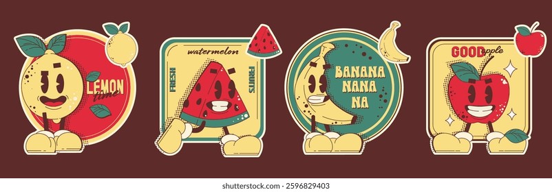 Retro fruit sticker set - happy lemon, watermelon, banana and apple characters. Funny cartoon mascots in vintage 1950s fashion style. Cute smiling food emoticons with text for products package design.