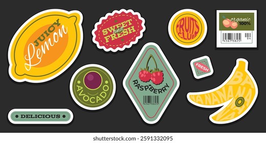 Retro fruit sticker set with vintage typography. Colorful lemon, banana, raspberry and avocado designs with white borders, barcodes and phrases. Nostalgic produce labels for farm organic food.