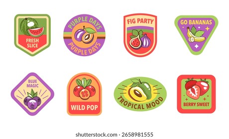 Adesivos de frutas retro com textos e ícones divertidos, emblemas coloridos de arte pop para desenhos de etiquetas, tipografia legal e estilo negrito em uma ilustração vetorial