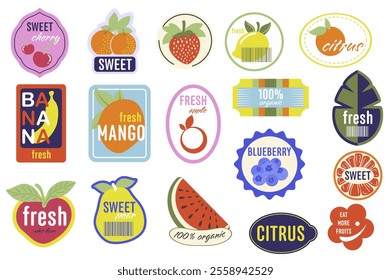 Retro fruit stickers set elements in flat graphic design. Collection of food labels with sweet cherry, orange, strawberry, lemon, citrus, banana, fresh mango, apple, pear, other. Vector illustration.