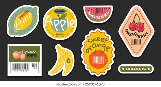 Retro fruit stickers set isolated on black background. Vector cartoon illustration of vintage organic food labels for lime, apple, watermelon, raspberry, orange, banana, peach, product quality badge