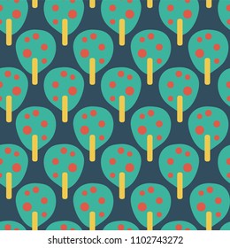 retro fruit trees teal red blue mustard yellow - vector seamless pattern. Perfect for fabric and all kinds of paper projects.