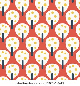 retro fruit trees white red blue mustard yellow - vector seamless pattern. Perfect for fabric and all kinds of paper projects.