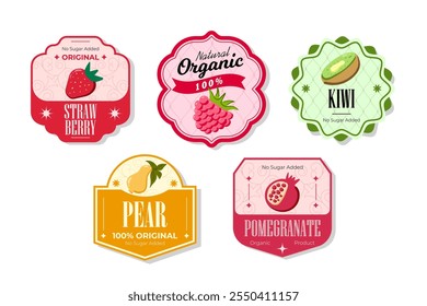 Banner e rótulos de frutas retro. Diferentes adesivos de sucos. Etiquetas de embalagem com kiwi, pera, romã, morango. Conjunto de etiquetas de frutas sazonais adesivos e marcas ou emblemas modelo para embalagem