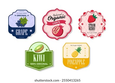 Retro fruits banner and labels. Different juices stickers. Packaging tags with pineapple, grape, kiwi, strawberry. Set of seasonal fruits labels stickers and marks or badges template for packaging