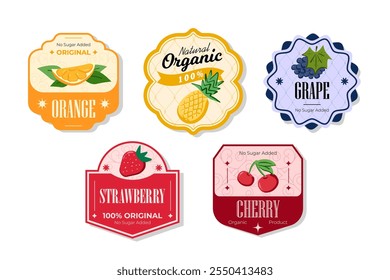 Retro fruits banner and labels. Different juices stickers. Packaging tags with cherry, strawberry, grape, orange. Set of seasonal fruits labels stickers and marks or badges template for packaging