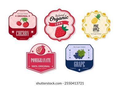 Retro fruits banner and labels. Different juices stickers. Packaging tags with grape, pomegranate, pineapple, cherry. Set of seasonal fruits labels stickers and marks or badges template for packaging