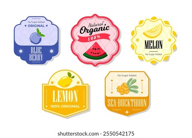 Retro fruits banner and labels. Different juices stickers. Packaging tags with blueberry, seabuckthorn, lemon, melon. Set of seasonal fruits labels stickers and marks or badges template for packaging