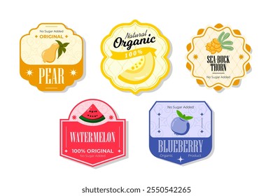 Retro fruits banner and labels. Different juices stickers. Packaging tags with blueberry watermelon seabuckthorn pear. Set of seasonal fruits labels stickers and marks or badges template for packaging