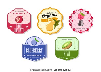 Retro fruits banner and labels. Different juices stickers. Packaging tags with pomegranate, blueberry, kiwi, pear. Set of seasonal fruits labels stickers and marks or badges template for packaging