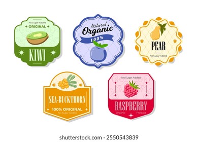 Retro fruits banner and labels. Different juices stickers. Packaging tags with seabuckthorn, raspberry, pear, kiwi. Set of seasonal fruits labels stickers and marks or badges template for packaging