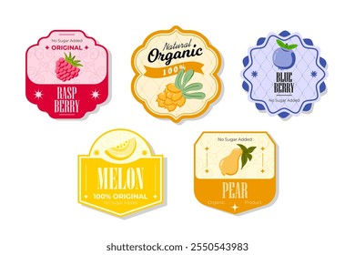 Retro fruits banner and labels. Different juices stickers. Packaging tags with melon, pear, blueberry, raspberry. Set of seasonal fruits labels stickers and marks or badges template for packaging