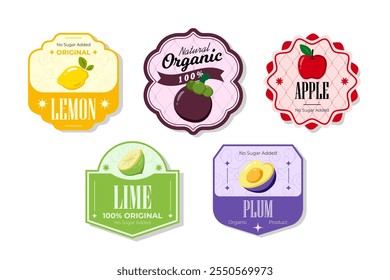 Retro fruits banner and labels. Different juices stickers. Packaging tags with apple, plum, lime, lemon. Set of seasonal fruits labels stickers and marks or badges template for packaging