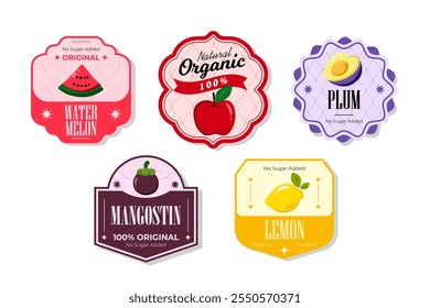 Retro fruits banner and labels. Different juices stickers. Packaging tags with mangostin, watermelon, plum, lemon. Set of seasonal fruits labels stickers and marks or badges template for packaging